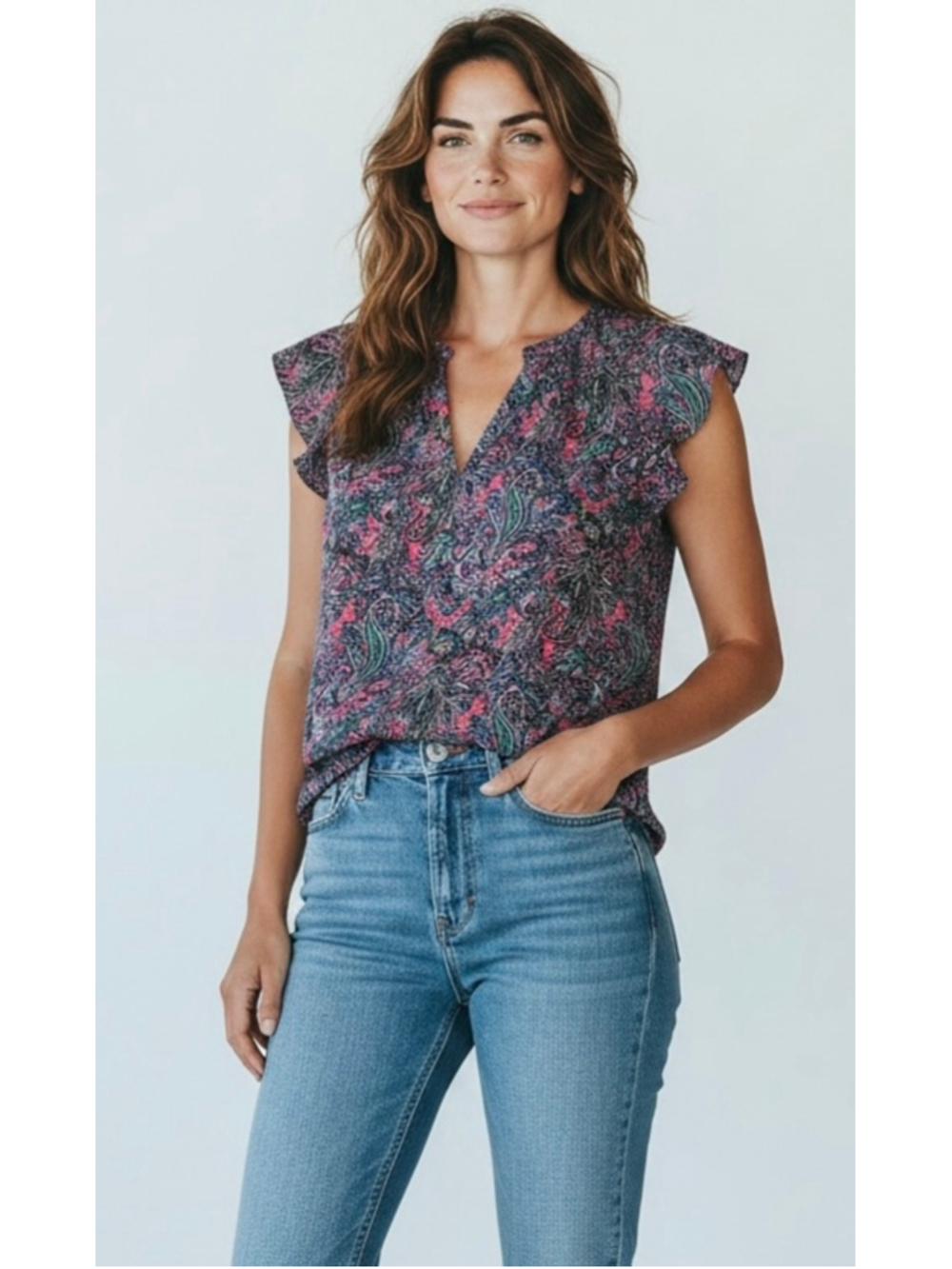 Rebecca Taylor Silk Paisley Blouse Top Flutter Cap Sleeve Size 8 Medium NWOT